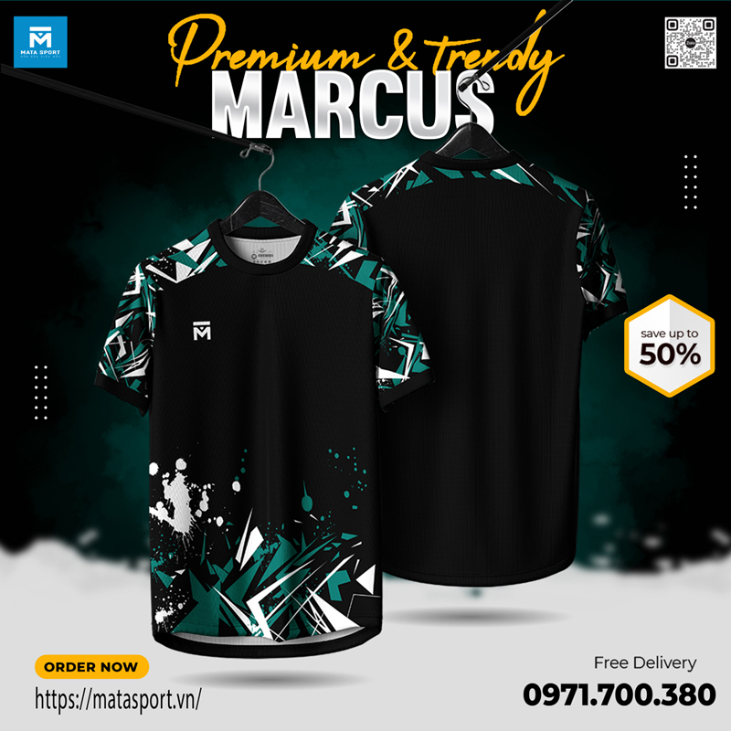 Áo Thể Thao MARCUS Thiết Kế Màu Đen Họa Tiết Abstract