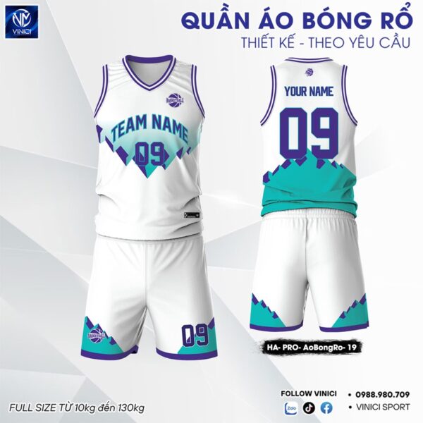 Áo Bóng Rổ Thiết Kế Theo Yêu Cầu Màu Trắng Xanh Tím - HA PRO 19