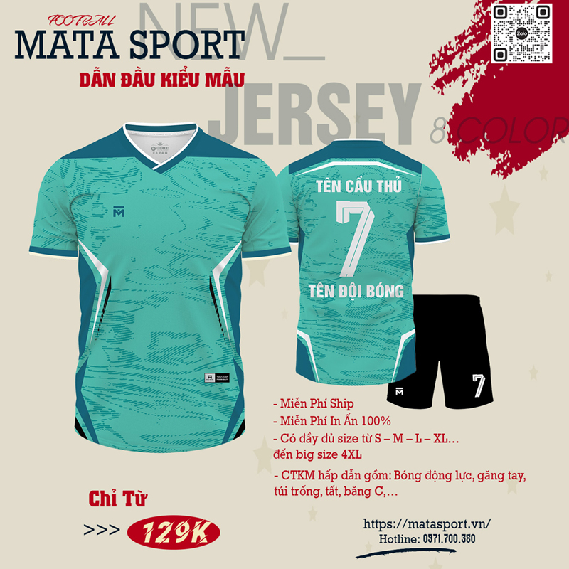 Áo bóng đá thiết kế màu xanh ngọc lam phối xanh navy – MATA SPORT