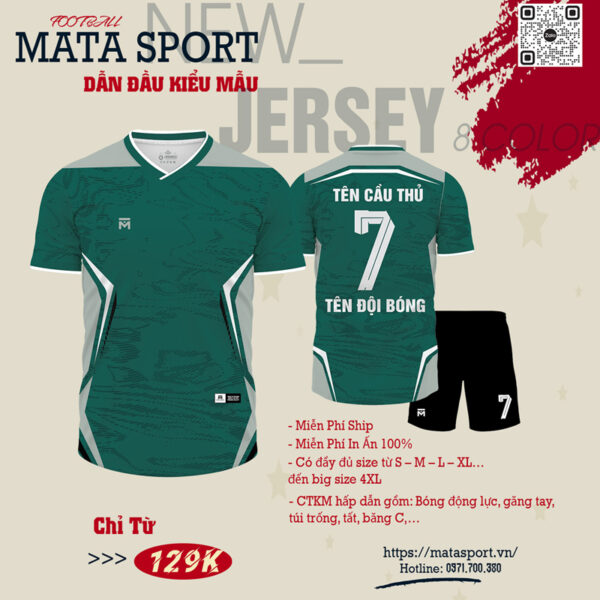 Áo bóng đá thiết kế xanh rừng phối trắng xám - MATA SPORT
