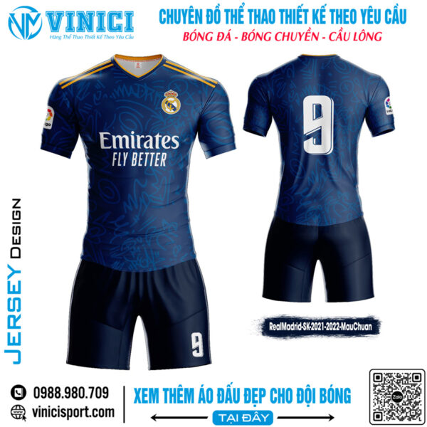Áo đấu Real Madrid 2021-2022 xanh navy họa tiết graffiti viền vàng