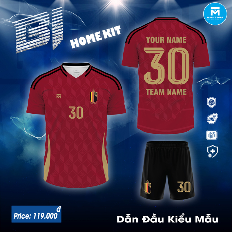 Áo đội tuyển Bỉ 2024 sân nhà màu đỏ đô phối vàng ánh kim