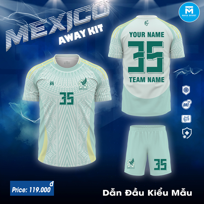 Bộ quần áo Mexico Away Kit 2024 màu xanh mint với họa tiết Aztec và công nghệ DRI FIT