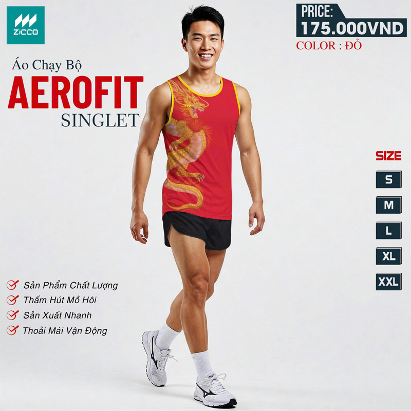Áo chạy bộ Aerofit Singlet đỏ viền vàng, họa tiết rồng vàng nổi bật