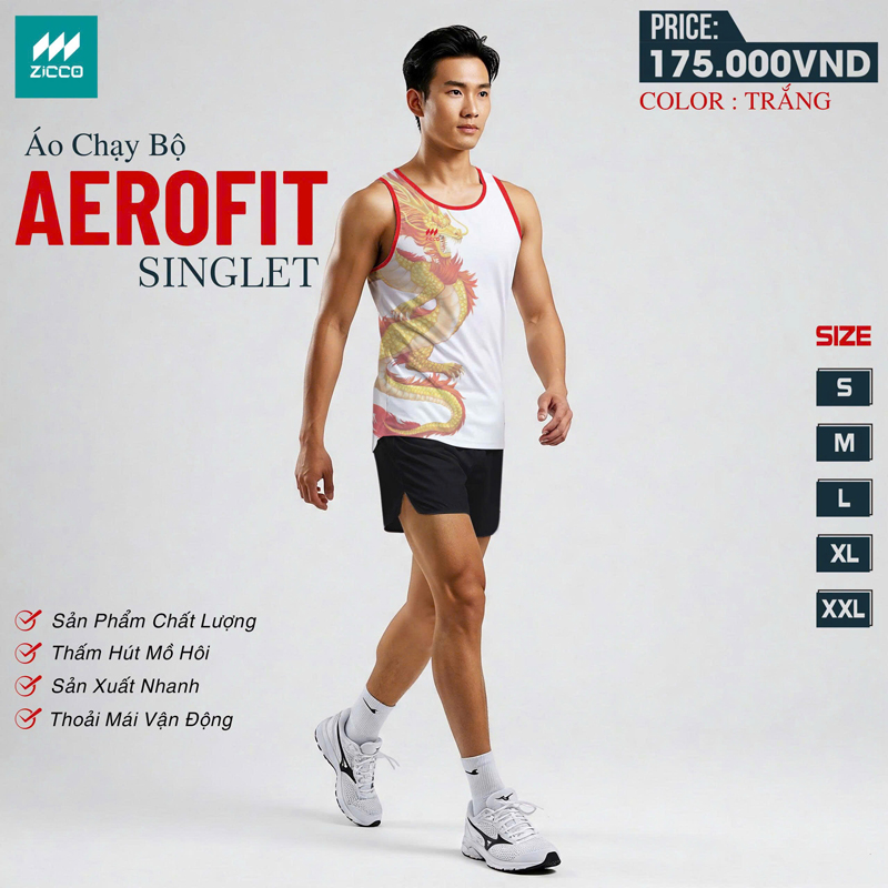 Áo chạy bộ Aerofit Singlet màu trắng họa tiết rồng nổi bật