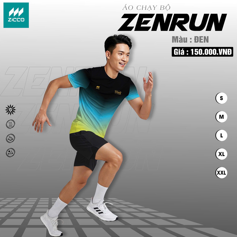Áo chạy bộ ZENRUN màu đen phối ombre xanh dương vàng chanh cho nam