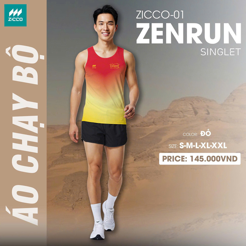 Áo chạy bộ ZICCO-01 ZENRUN tông đỏ chuyển vàng cực kỳ nổi bật cho nam